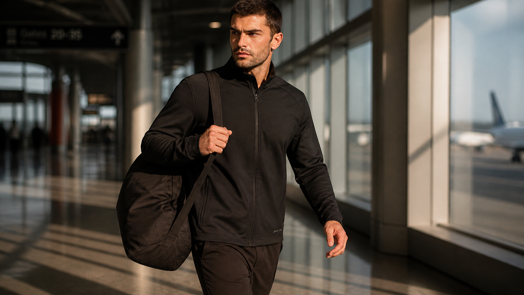 DriveOn Official Travel, mid-stride crossing an airport terminal