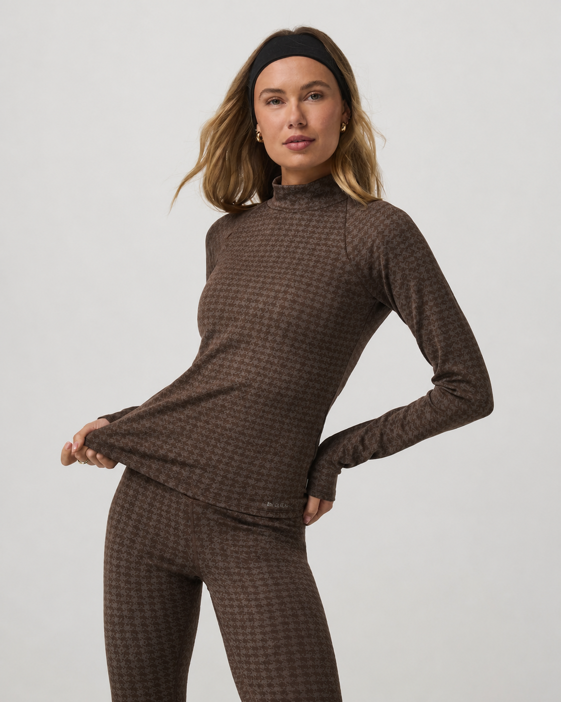 Clarity Long-Sleeve Mock-Neck Top - Java Houndstooth