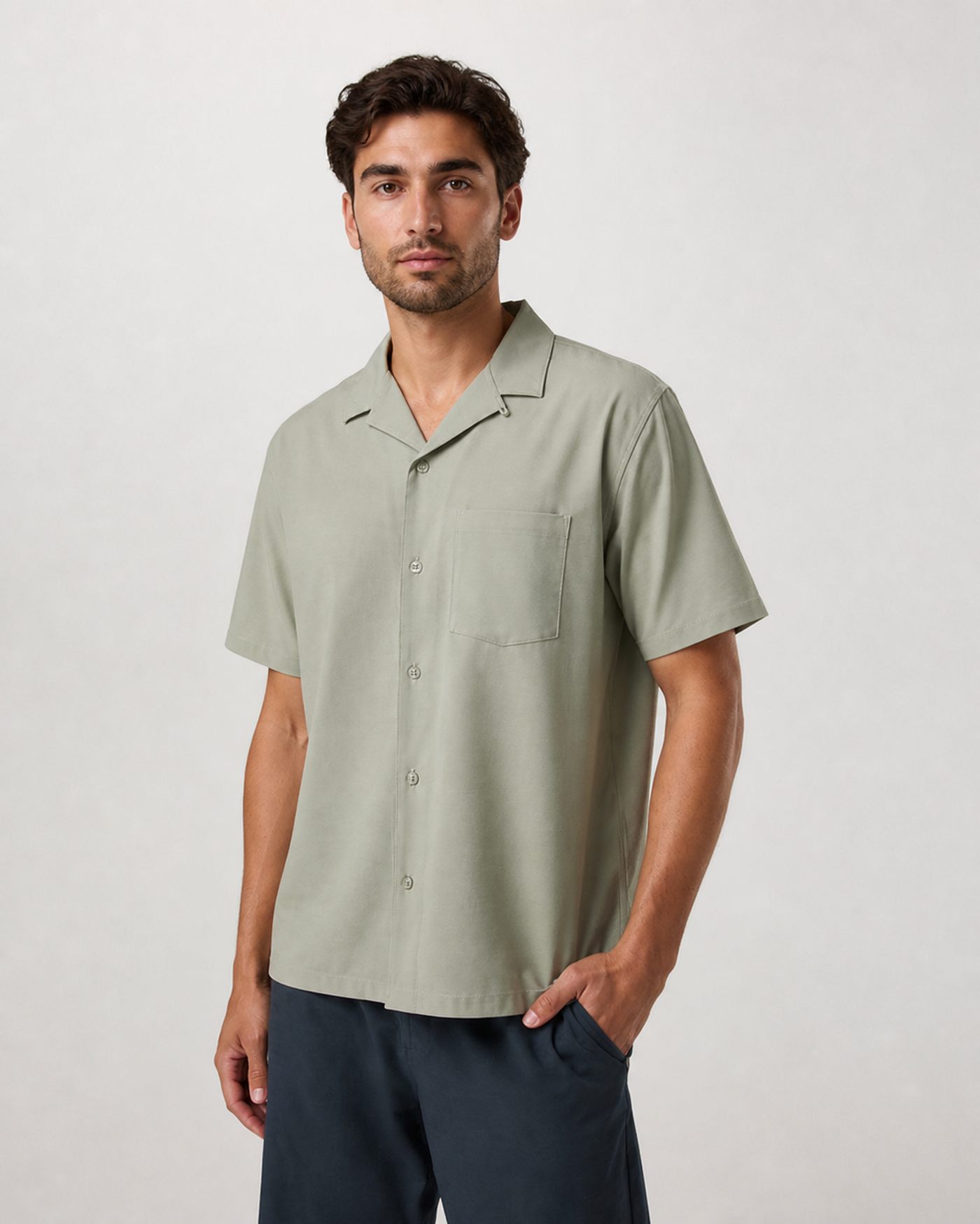 Lucent Short-Sleeve Button-Down Camp-Collar Shirt - Herb