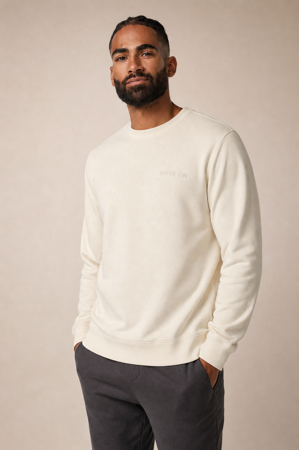 DriveOn Official Cream Crewneck Sweatshirt -- studio product shot