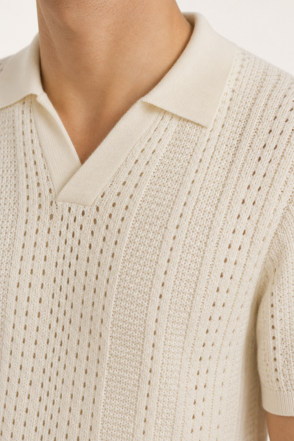 DriveOn Official Ivory Crochet Knit Polo Set -- fabric/construction detail shot