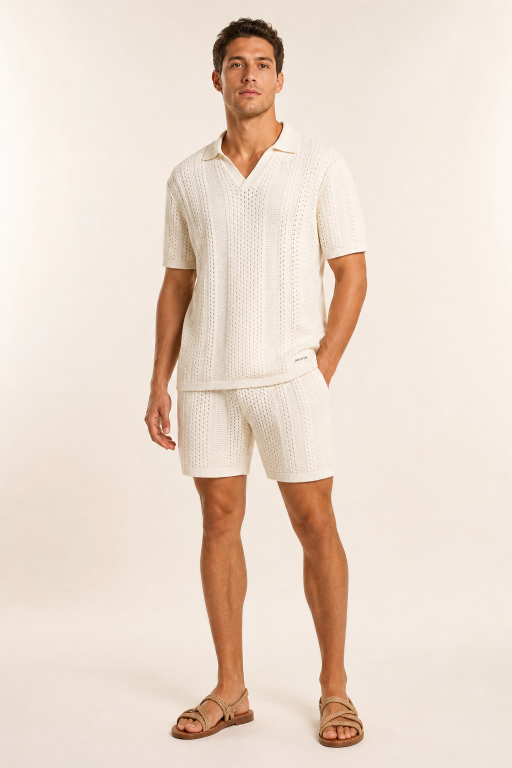 DriveOn Official Ivory Crochet Knit Polo Set -- studio product shot