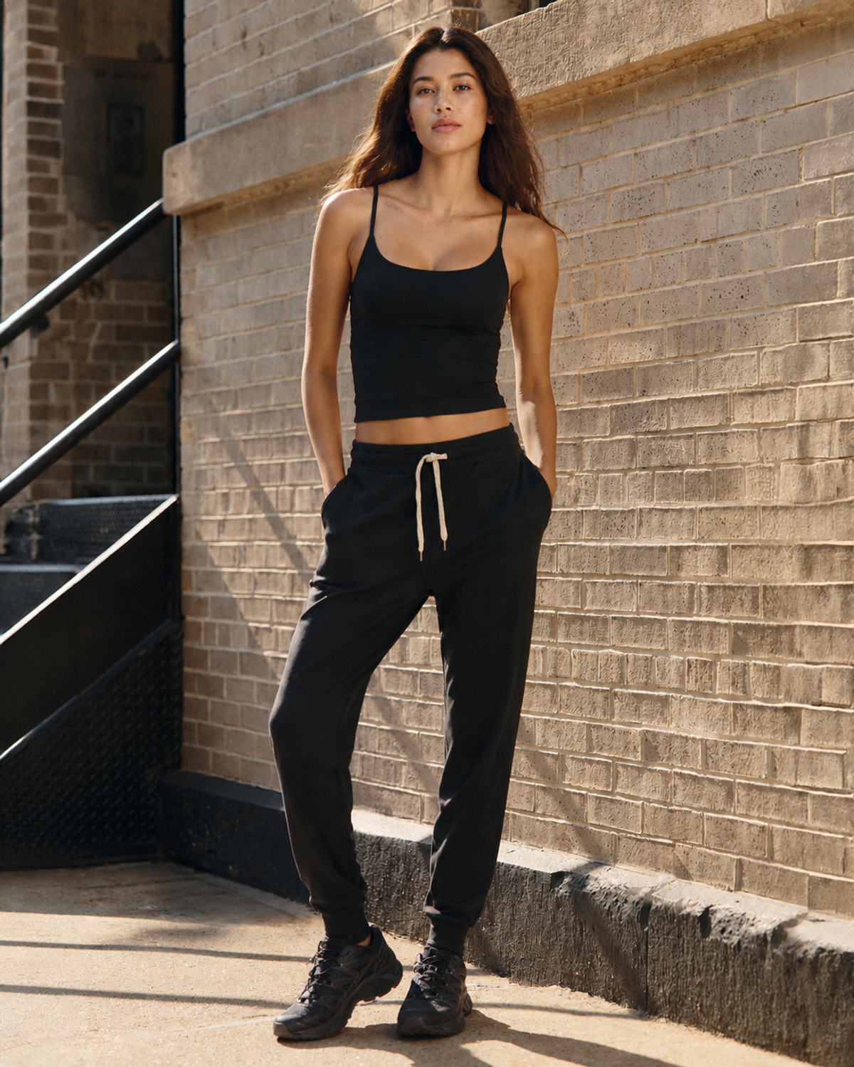 Woman in a black tank top and black joggers leaning against a sunlit brick wall on an exterior stairway