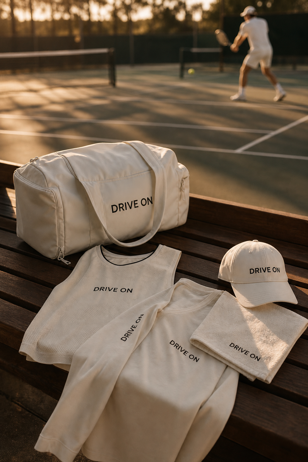 The locker kit laid out on a courtside bench: bag, cap and folded tees