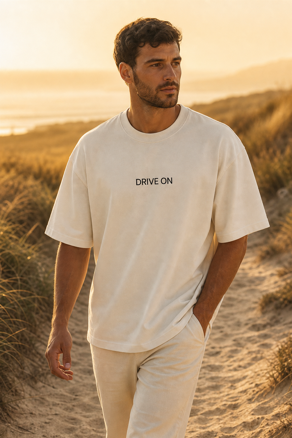 A man on a dune path in the cream graphic tee at golden hour