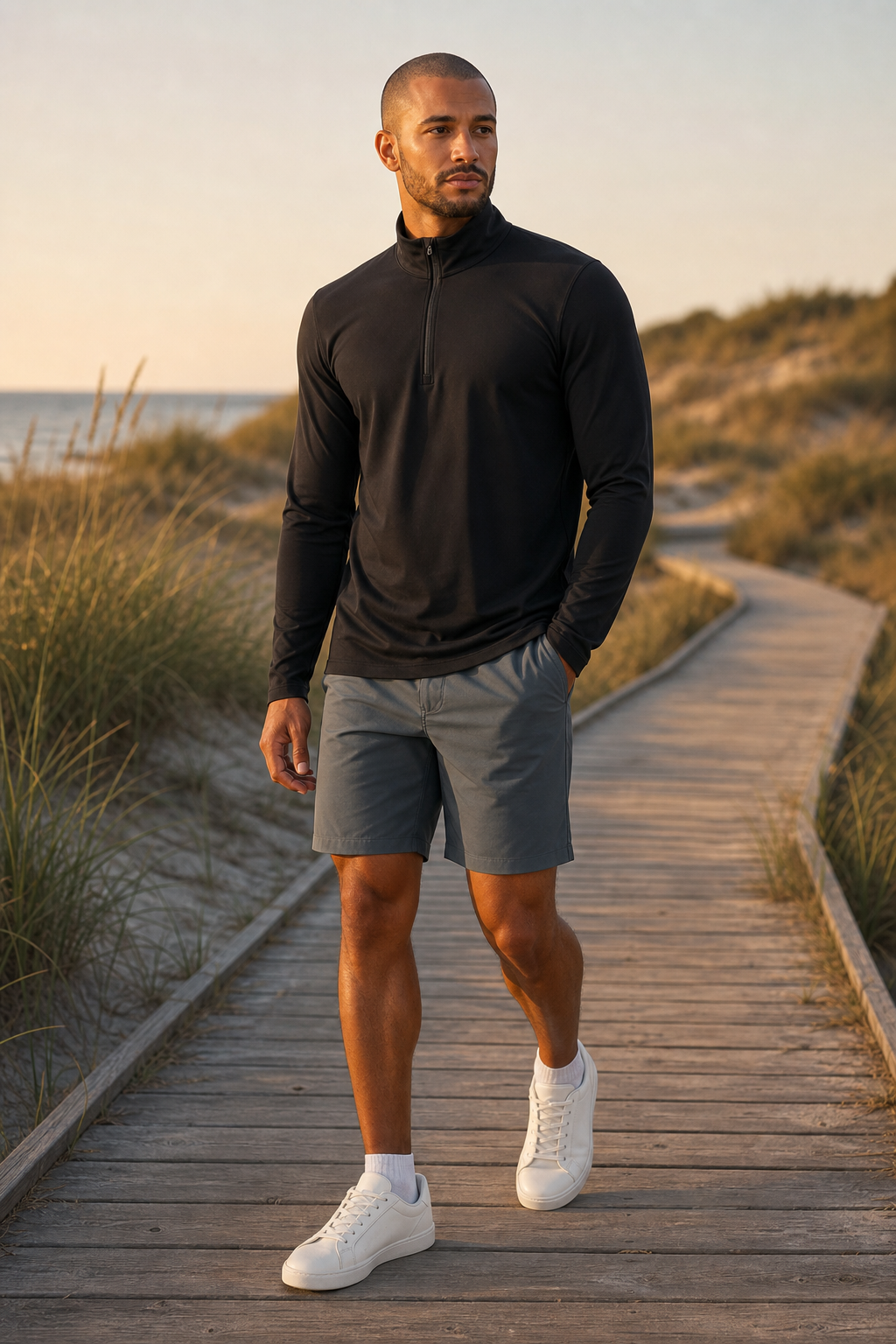 A man on a boardwalk through coastal dunes at golden hour in the black quarter-zip