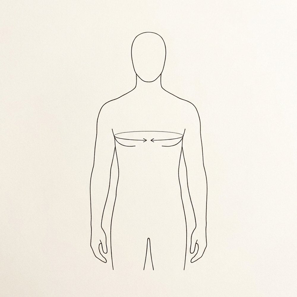 A tape measure around the fullest part of the chest, level under the arms.