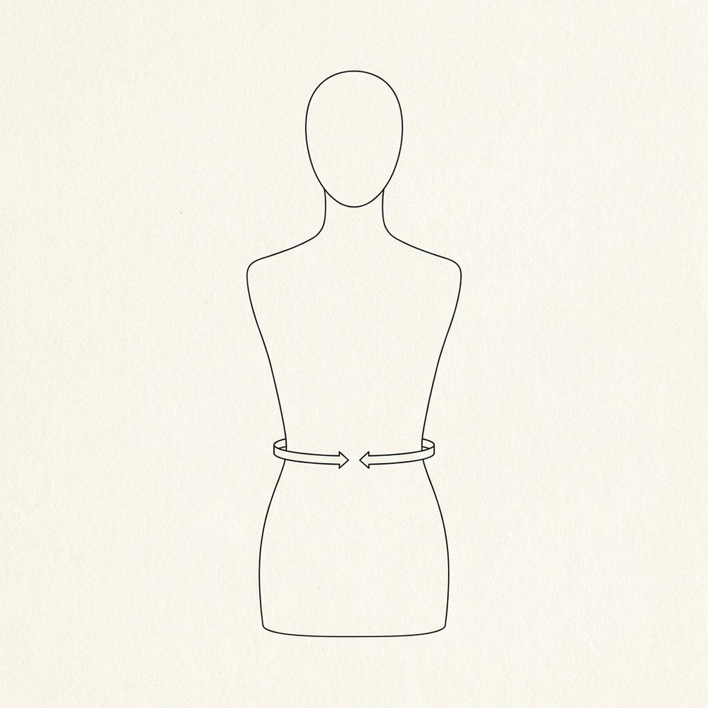 A tape measure at the narrowest part of the waist, just above the navel.