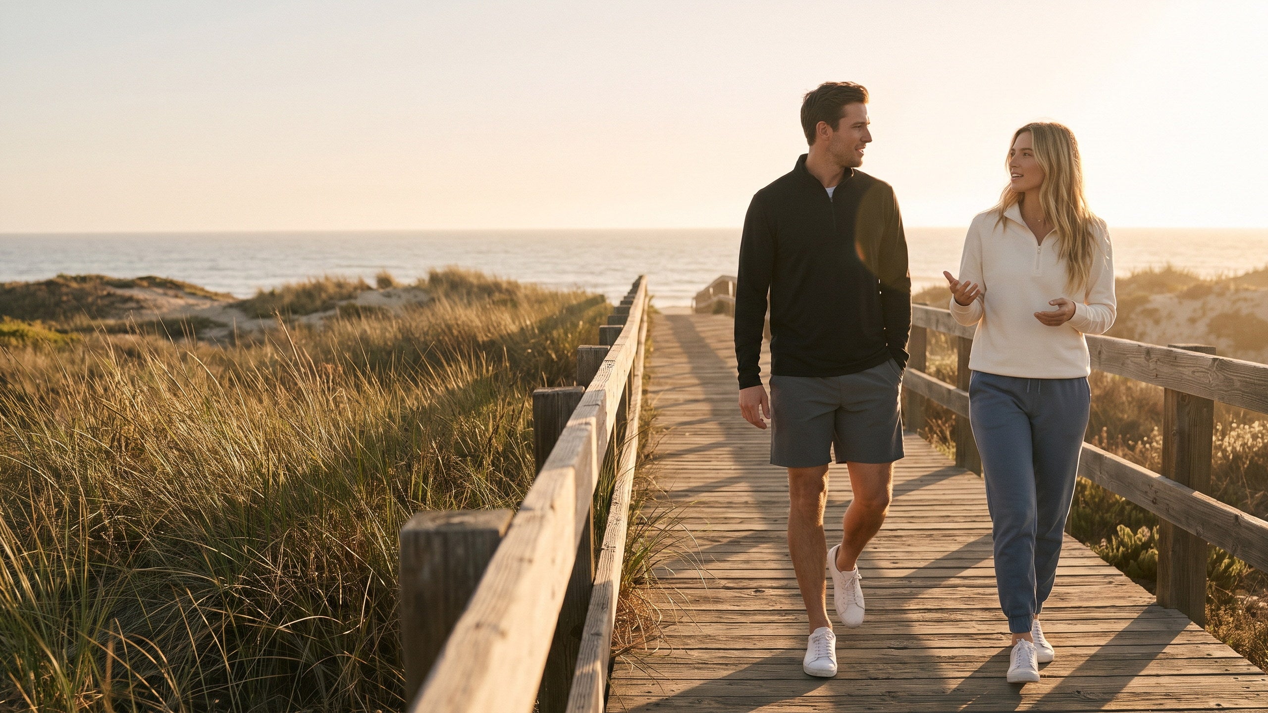 Two people walking a boardwalk through coastal dunes at golden hour, in the black and cream quarter-zips