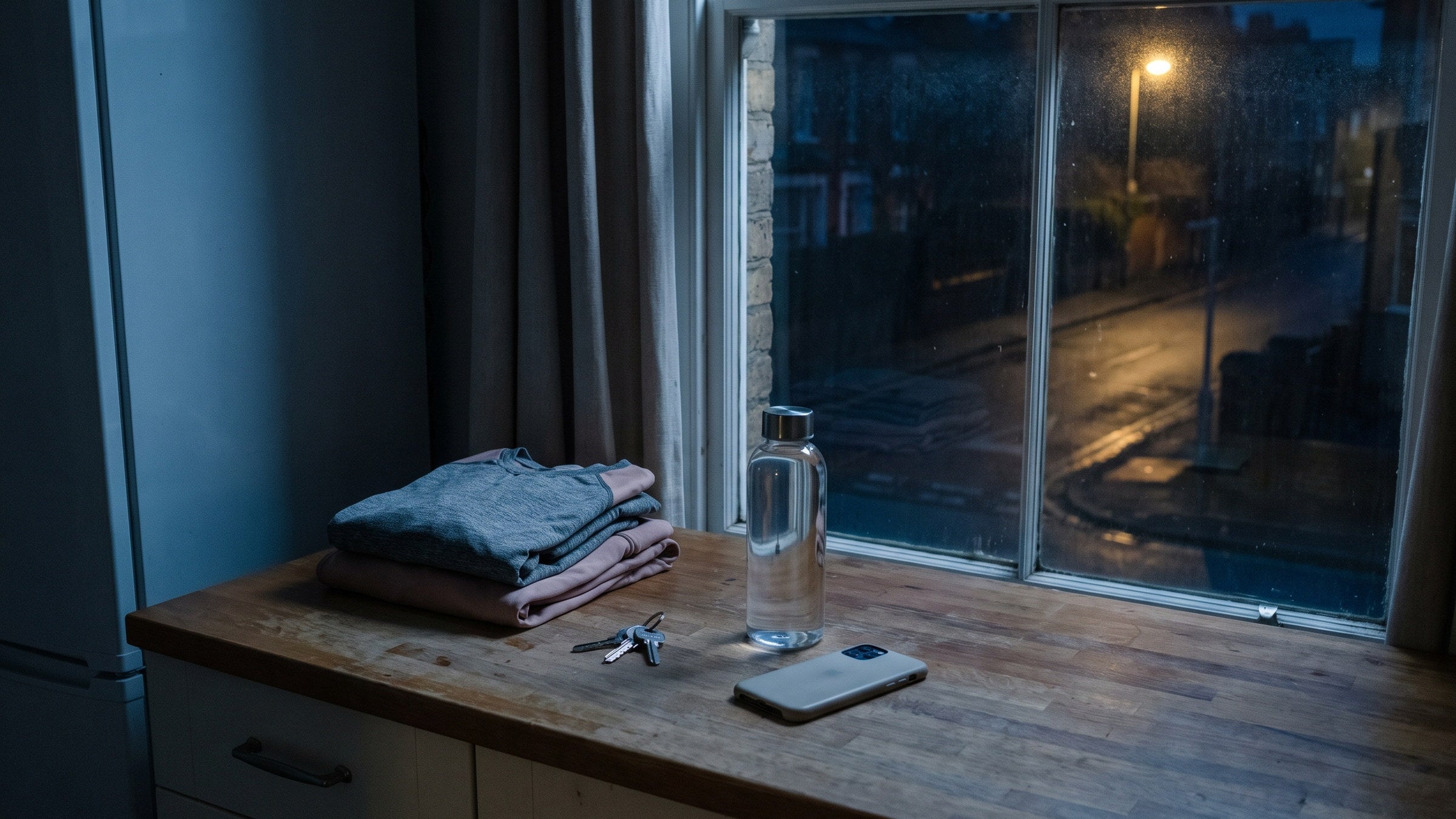 A set folded on a table by a window before dawn, keys and a water bottle beside it